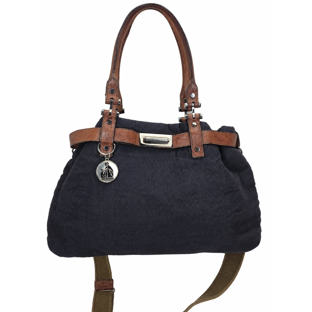 Lanvin Paris Navy Pleated Shoulder Bag Brown Leather Trim Made in France